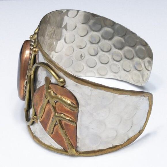 Brown Gemstone Mixed Metal Handmade Cuff Bracelet, 6 3/8 Inches - Picture 6 of 10